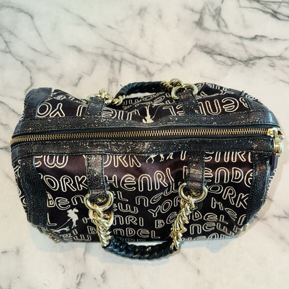 Henri Bendel Signature Brown Logo Speedy Satchel Large Handbag 13"x7x8 Gold - Picture 3 of 13